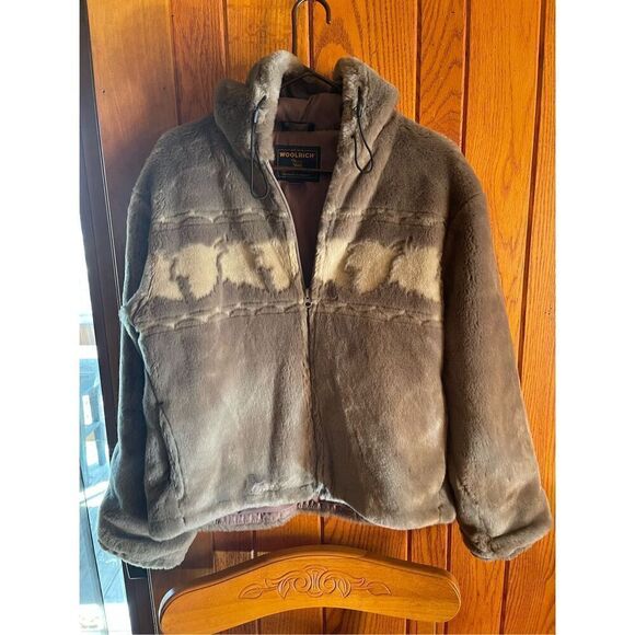 Vintage Woolrich Plush Gray Hooded Tumblewood Leaves Faux Fur Jacket Coat Sz M - Picture 1 of 10